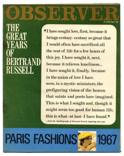 Observer Magazine 26 February 1967 Pierre Cardin Paris Fashions Bertrand Russell