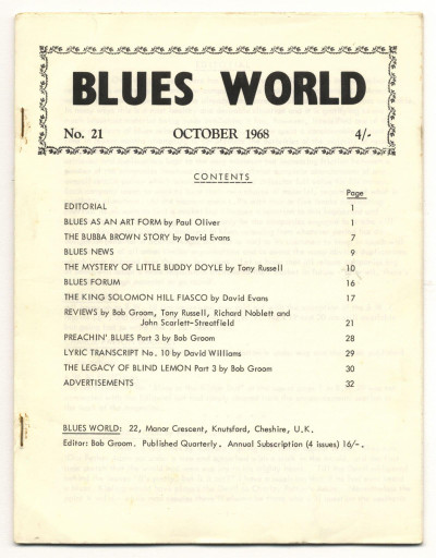 Blues World Magazine No 21 October 1968 Bubba Brown Little Buddy Doyle King Solomon Hill Fiasco