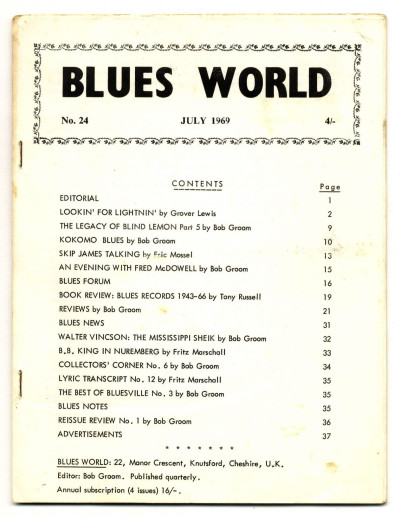 Blues World Magazine No 24 July 1969 Kokomo Blues Walter Vincson BB King Fred McDowell Skip James