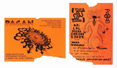 2 x PAGAN Psychedelic Techno Hard Trance Acid Rave Flyers 1994