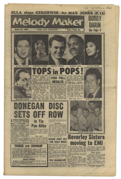 Melody Maker March 26, 1960 Lonnie Donegan Ella Fitzgerald Bobby Darin Josh white Wild Bill Davison