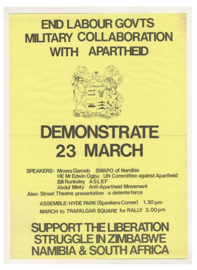 Anti Apartheid political protest agit prop demonstraion against the Labour party