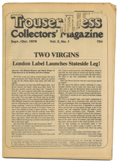 Trouser Press Collectors Magazine Sept/Oct 1979 includes Richard Branson interview