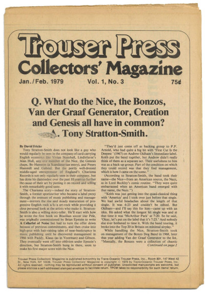 Trouser Press Collectors Magazine Jan/Feb 1979 Charisma records Tony Stratton-Smith