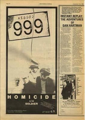 999 NINE NINE NINE Homicide Poster Size press advert cutting/clipping 1978