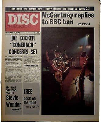 Disc & Music Echo Magazine 19 Feb 1972 Free Stevie Wonder Paul McCartney Joe Cocker Alice Cooper