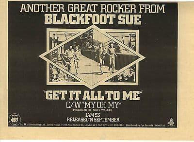 BLACKFOOT SUE Get it all to me  Vintage music Press advert cutting/clipping 1973