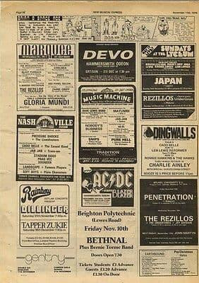 AC/DC Devo JAPAN REZILLOS DILLINGER gig page article press cutting/clipping 1978