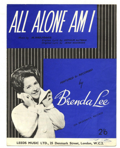 Brenda Lee All alone am I Rare Original 1960s UK Sheet Music