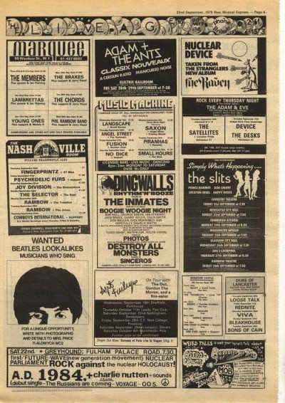 ADAM + THE ANTS SLITS Joy Division Poster size vintage music press advert cutting/clipping 1979