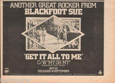 Blackfoot Sue Get it all to me A4 Size 1973 vintage music press advert cutting/clipping
