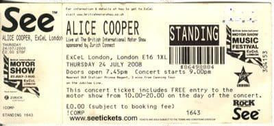 Alice Cooper Unused Ticket Excel London July 2008