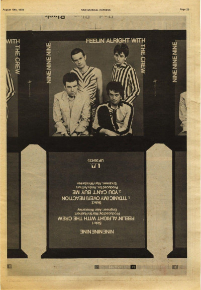 999 NINE NINE NINE Feelin alright Poster Size press advert cutting/clipping 1978