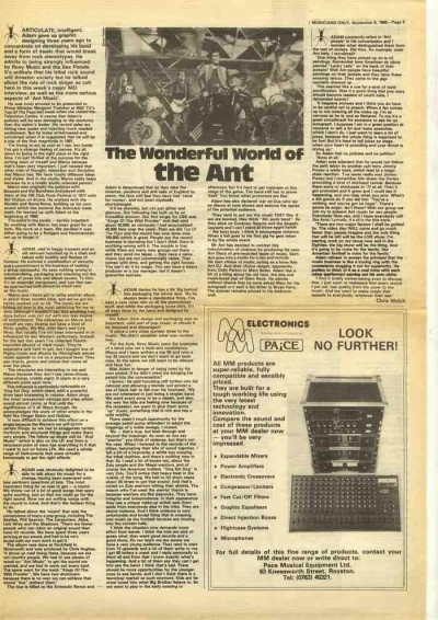 ADAM ANT Wonderful world of the ant press cutting/clipping 1980